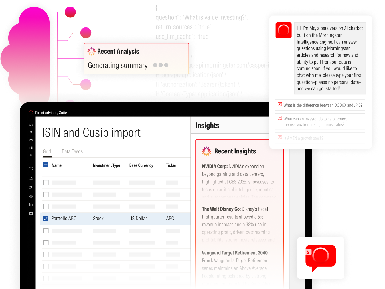 A suite of AI investment tools including Direct AI Insights generating stock analysis, and Mo, an AI research assistant.