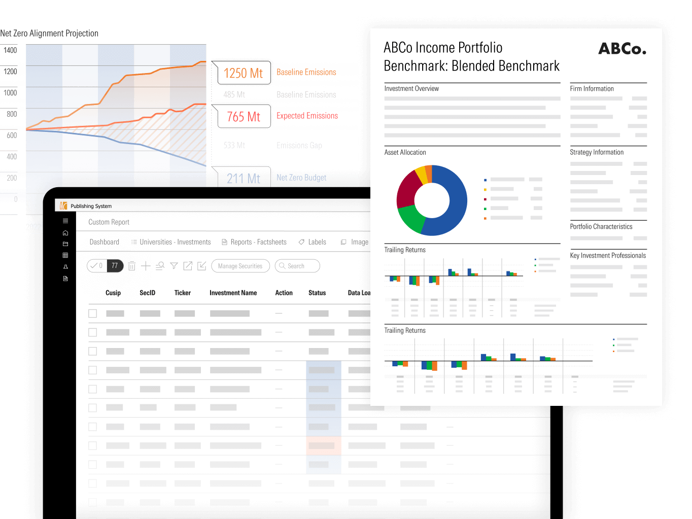 Stylized diagram of Publishing System's interface and data visualizations
