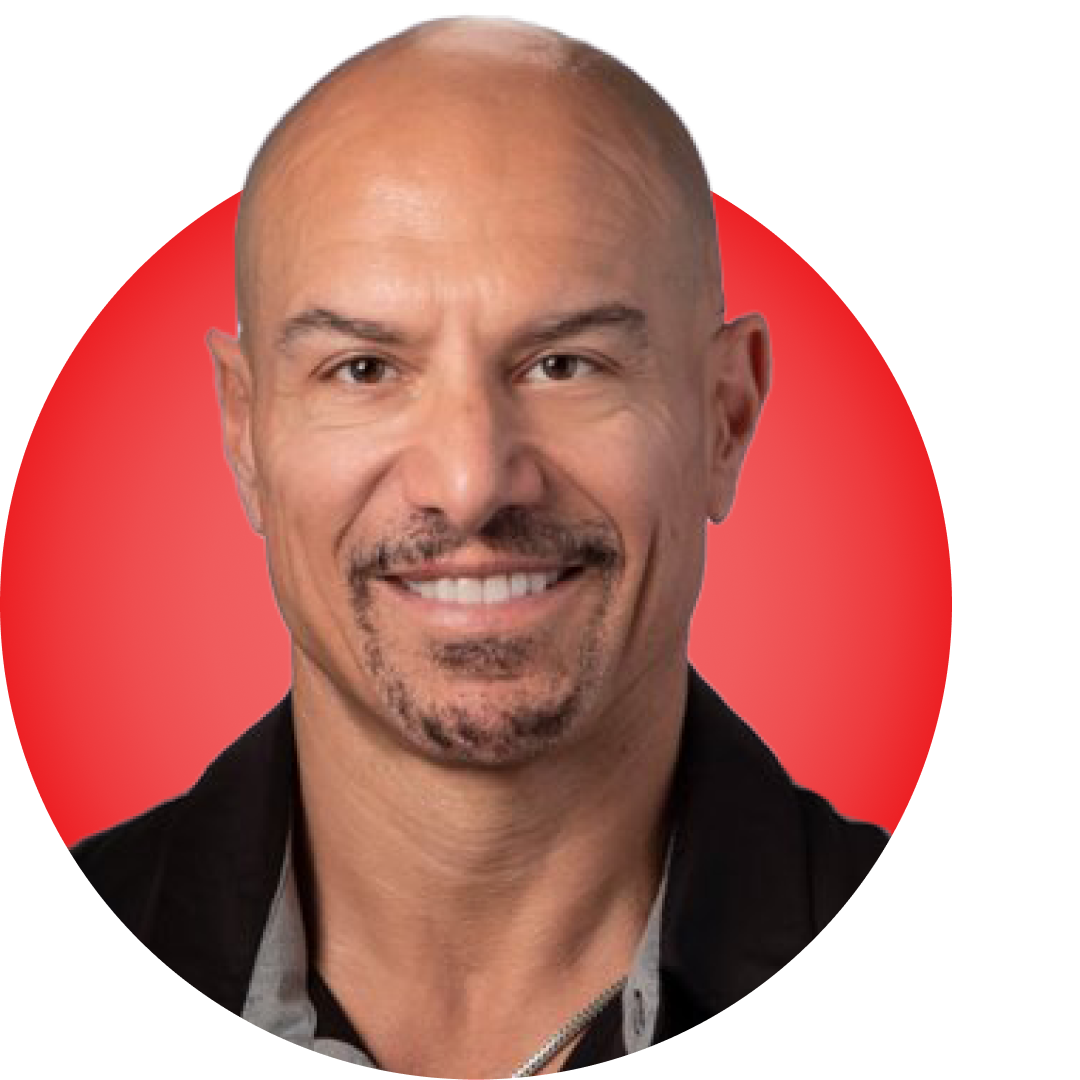 Headshot of Robert Laraia with a red circular background.