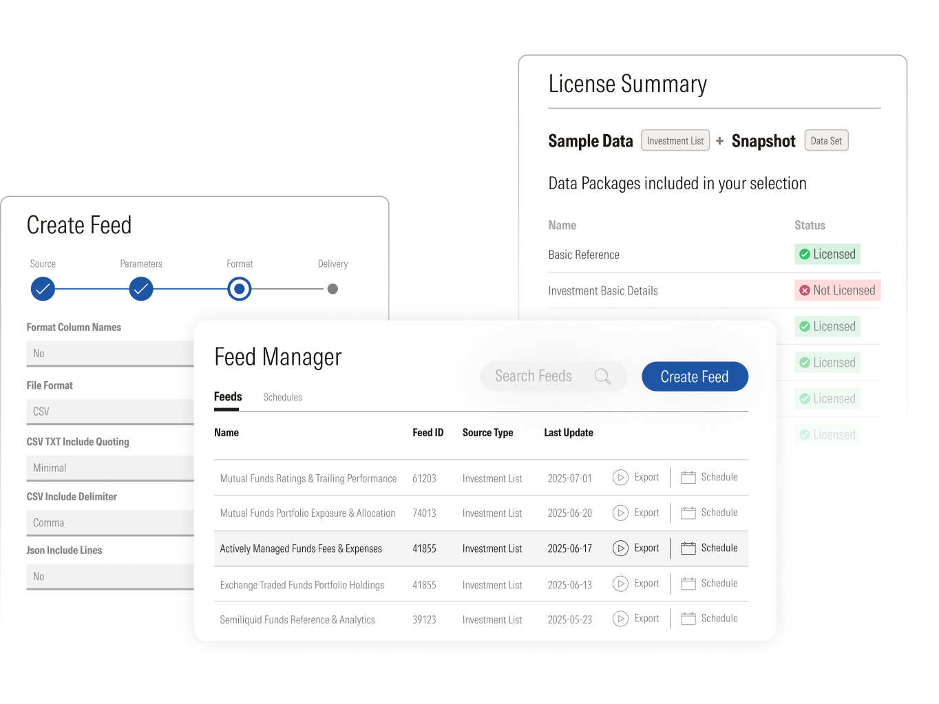 An illustration showing how to create a data feed and the feed manager view associated with Morningstar Licensed Data.