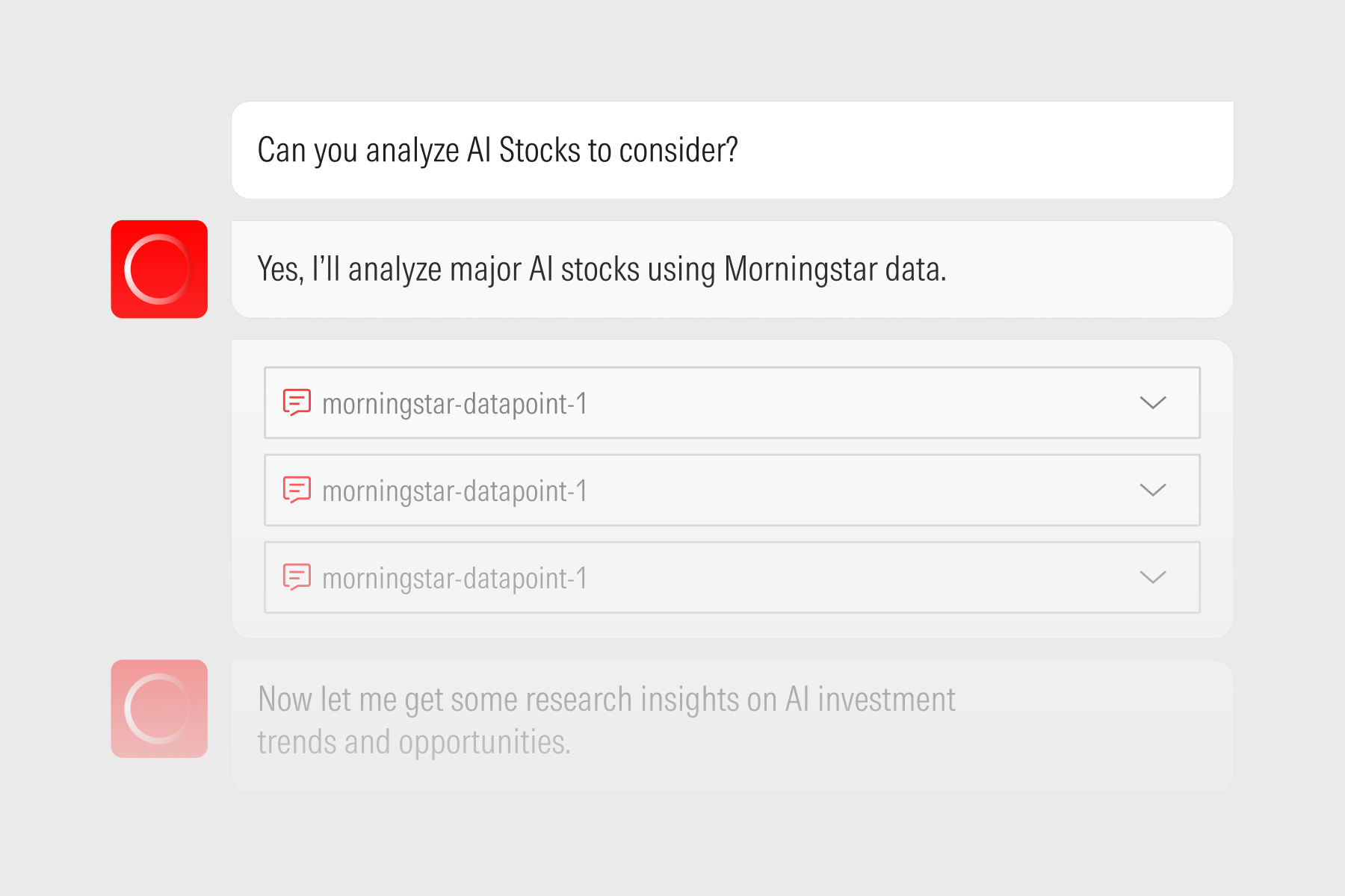 An AI Agent, part of Morningstar’s AI investment tools, analyzing AI stocks using Morningstar data.