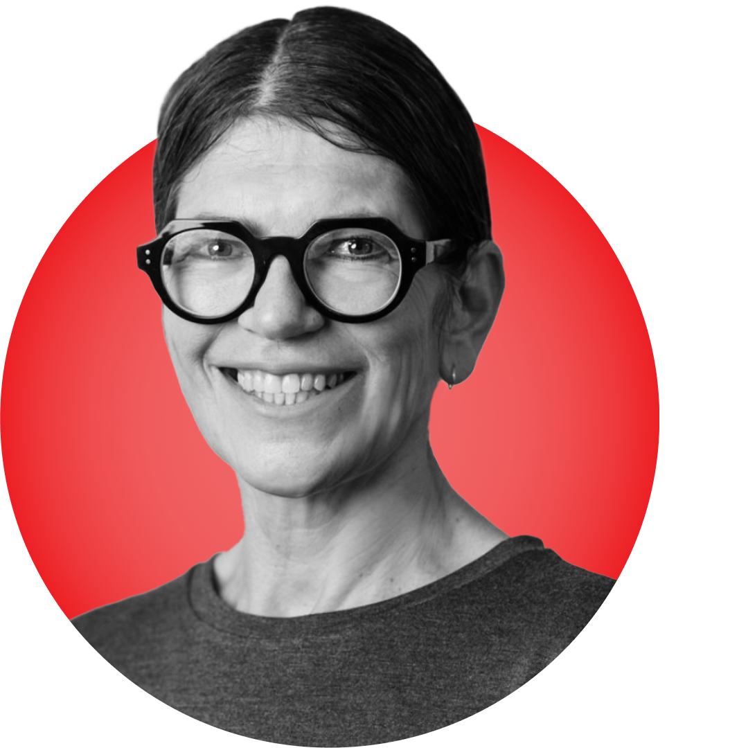 Headshot of Roseanne Howarth on a red circular background.