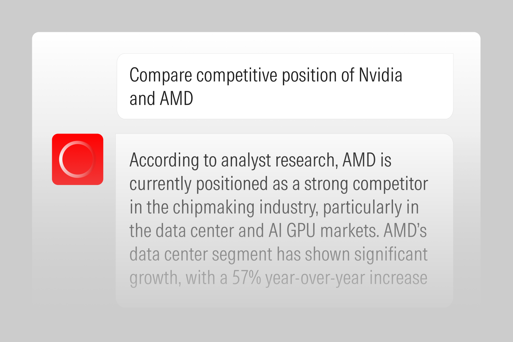 A user instructing the Direct AI Agents, part of Morningstar’s AI investment tools, to analyze major AI stocks using Morningstar data.